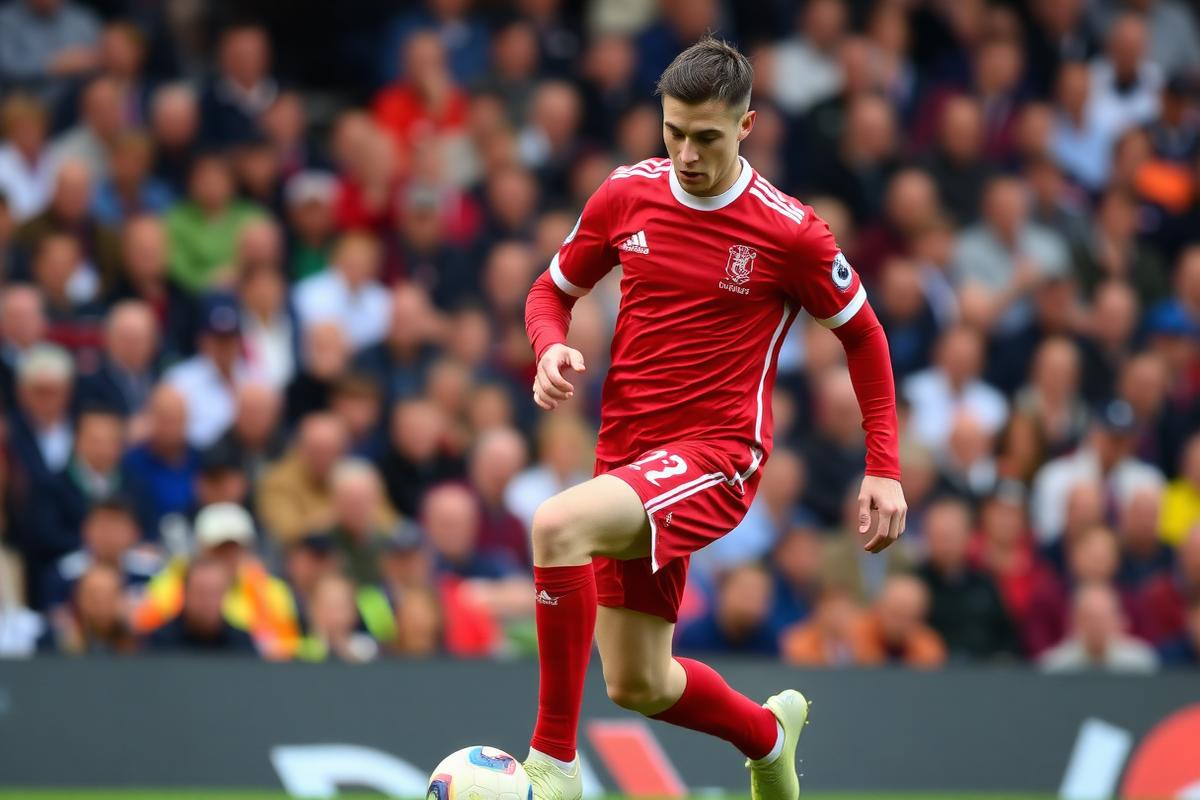 Footballer in a red kit driving forward with the ball