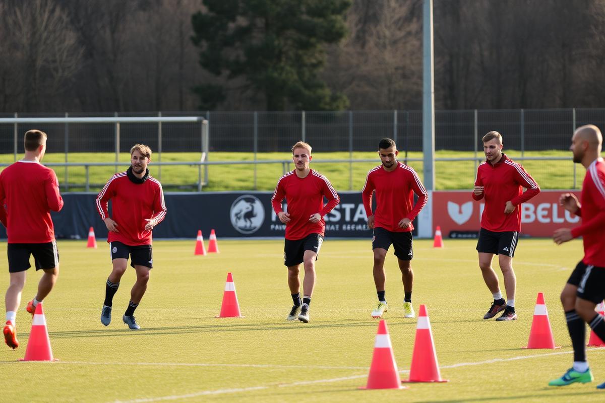 Football players in red training tops working through cone drills
